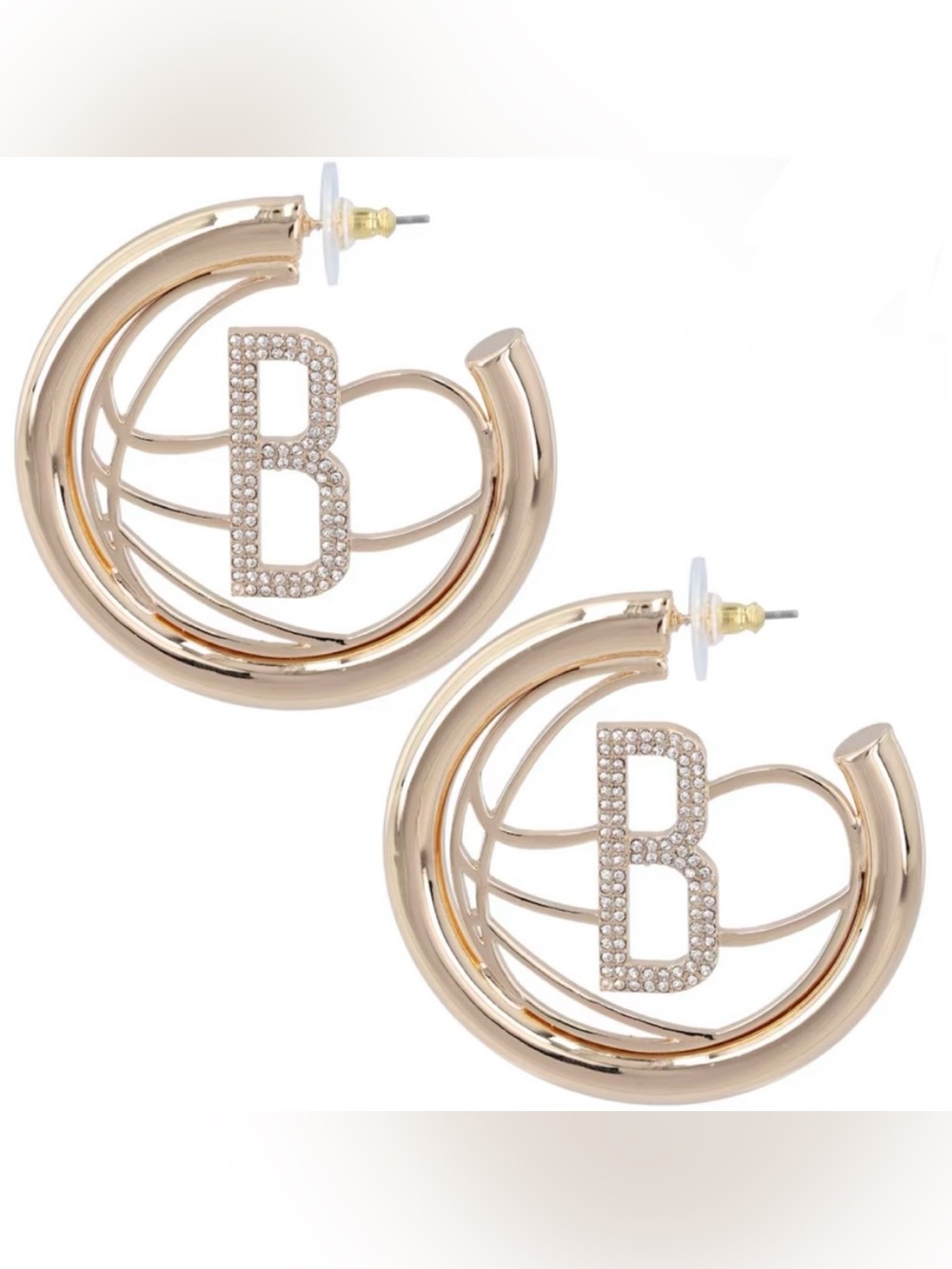 Brooklyn Nets Gold Tone Logo Rhinestone Hoop Earrings by BaubleBar NEW